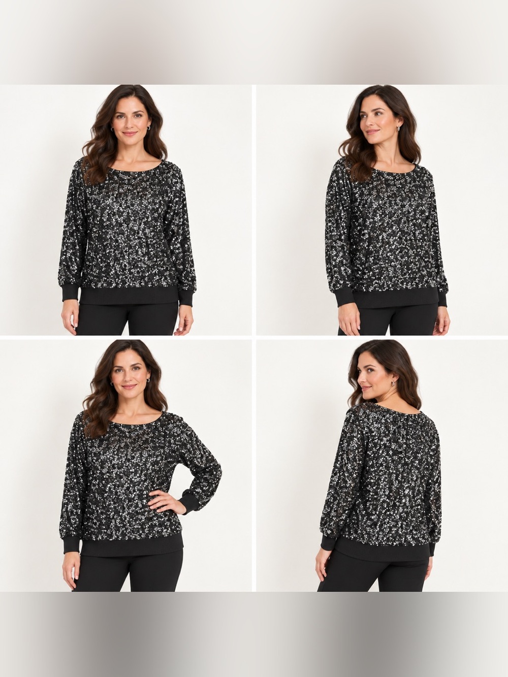 Lafayette 148 New York Nessa Sequin Blouse Top Black Silver Glam NYE Size M